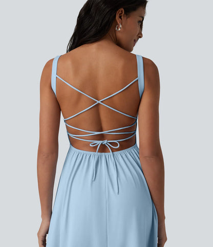 Crisscross Back Flowy Midi Dress (Built-in Bra)